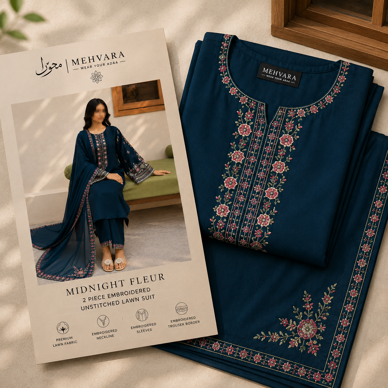 Midnight Teal – 3 Piece Embroidered Unstitched Dhanak Suit