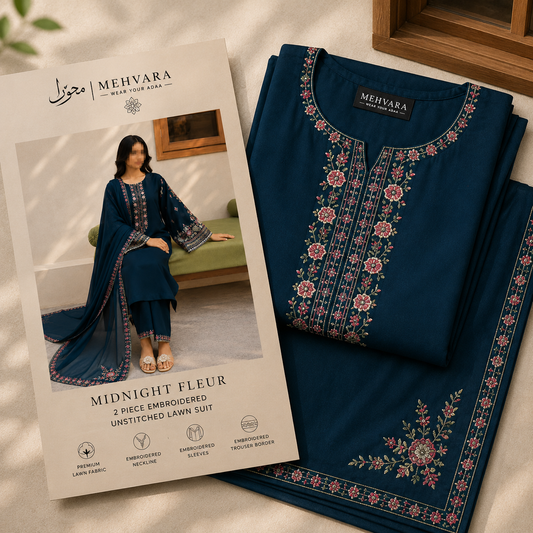 Midnight Teal – 3 Piece Embroidered Unstitched Dhanak Suit