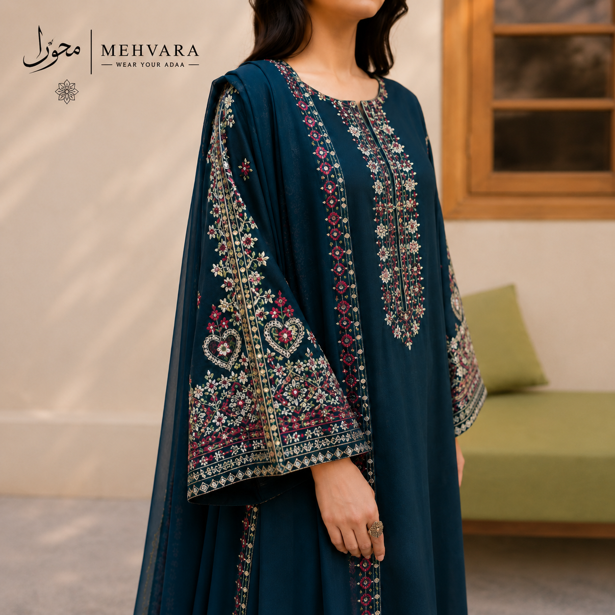 Midnight Teal – 3 Piece Embroidered Unstitched Dhanak Suit