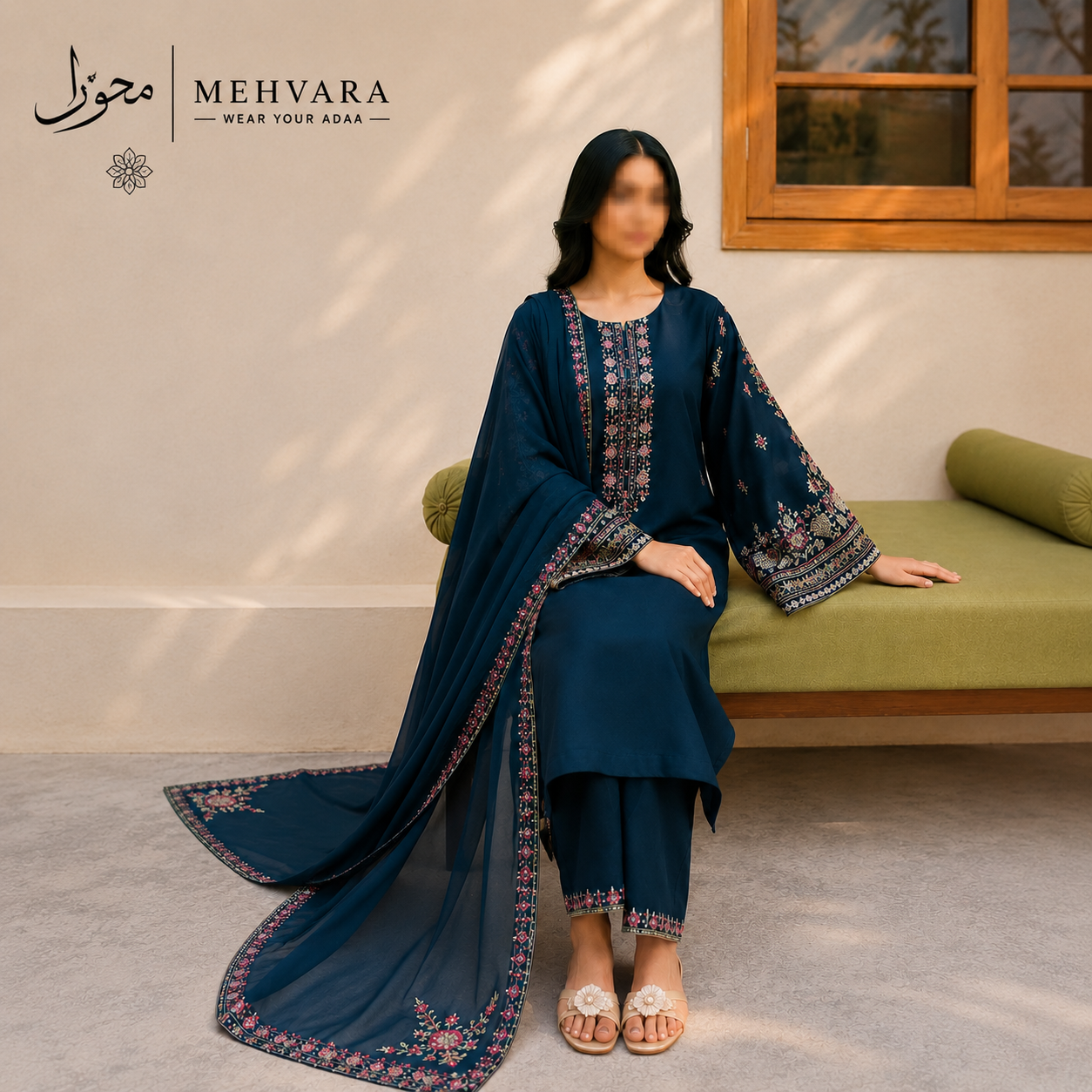Midnight Teal – 3 Piece Embroidered Unstitched Dhanak Suit