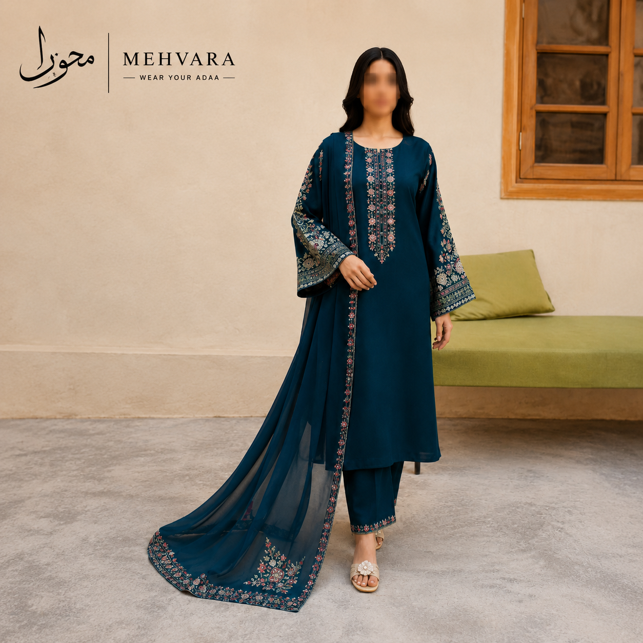 Midnight Teal – 3 Piece Embroidered Unstitched Dhanak Suit