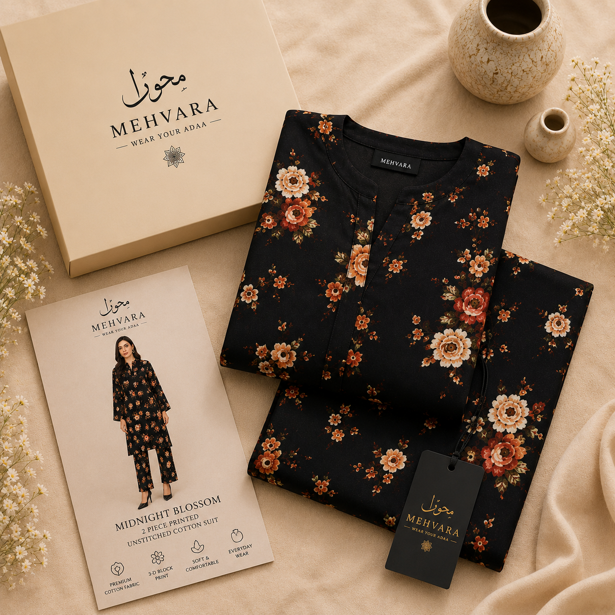 Midnight Blossom – 2 Piece Printed Unstitched Cotton Suit